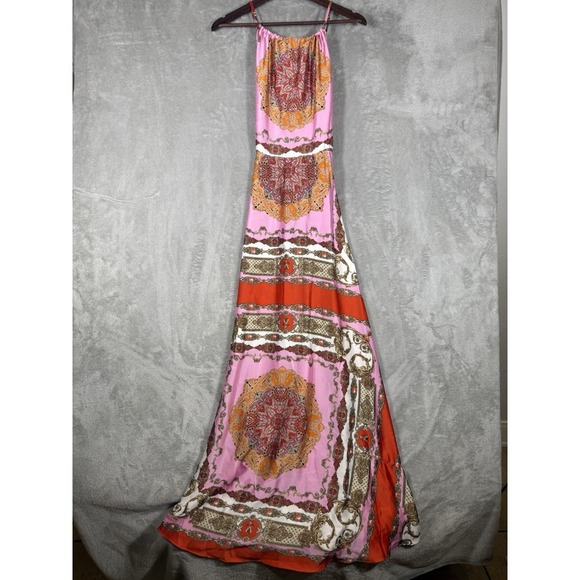 Aakaa Dresses & Skirts - Aakaa Geometric Maxi Dress Size Large Pink Orange Red Multi Classic Halter Neck